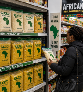 African foods aisle with garri selection