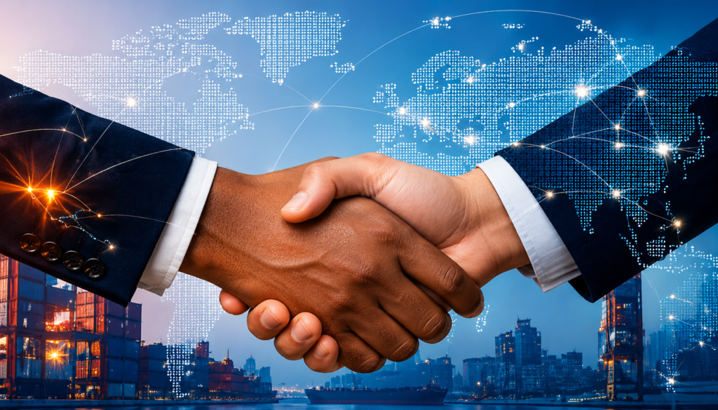 Global trade partnership handshake
